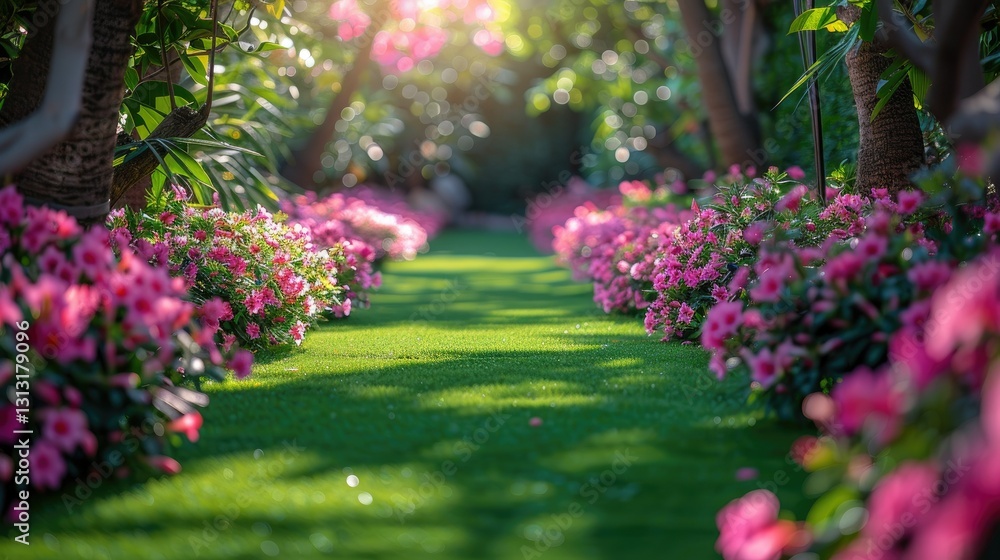 A serene garden path lined with vibrant pink flowers, inviting tranquility and nature's beauty. A serene garden path lined with vibrant pink flowers, inviting tranquility and nature's beauty.