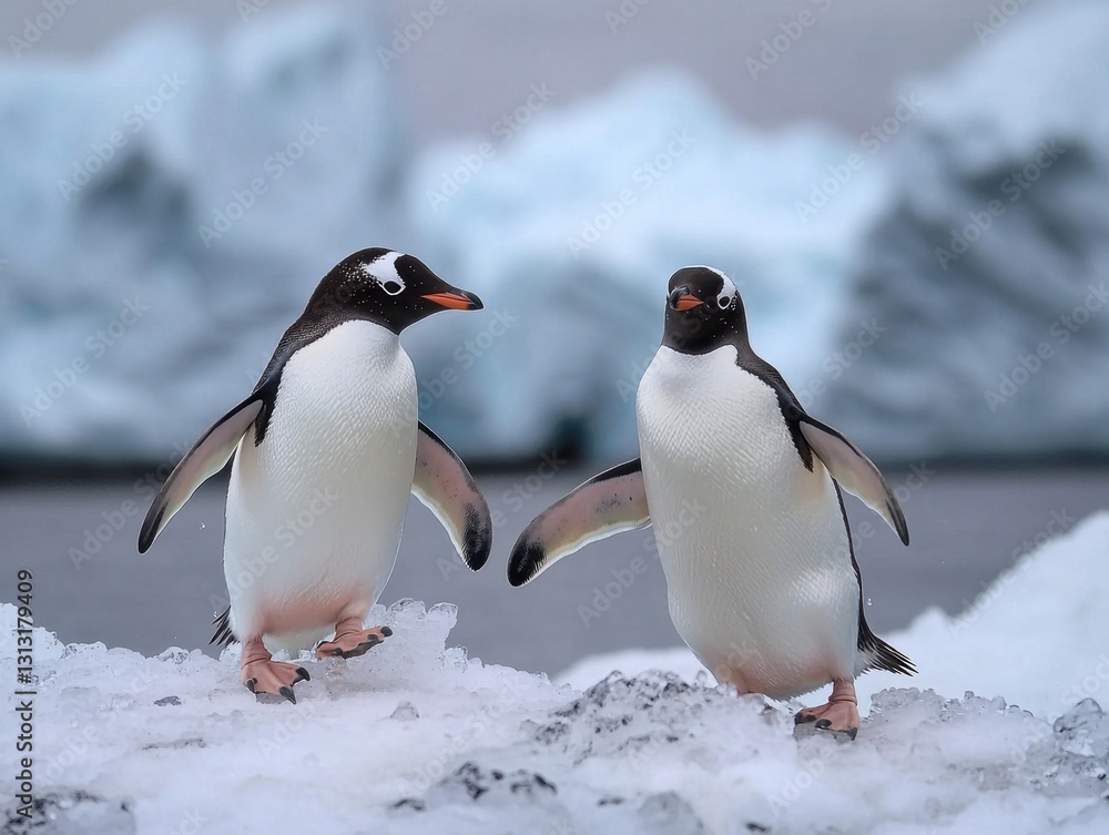Obraz premium Pair of penguins waddling on ice, wings outstretched, against background of icebergs, showcasing polar wildlife in its natural habitat.