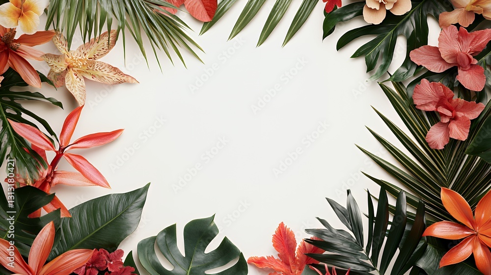 Vibrant Tropical Flower and Leaf Frame on White Background Vibrant Tropical Flower and Leaf Frame on White Background