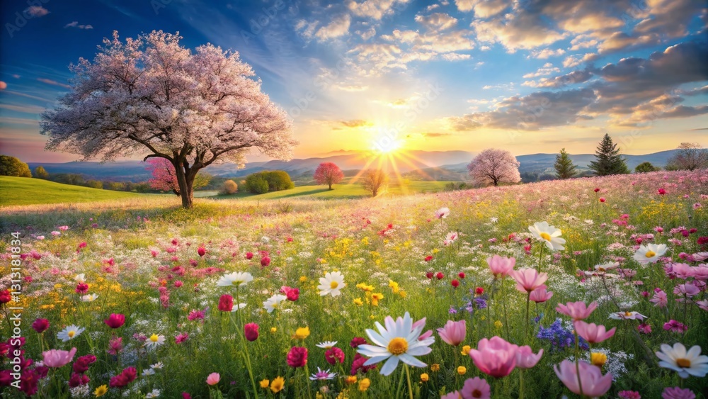 Fototapeta premium Aerial View Soft Pastel Flower Field Meadow Spring Blossom