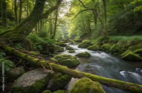 Mossy stream flowing through the green forest, tranquil nature scene, peaceful environment, lush greenery, rocky riverbed, sunlight through trees, outdoor landscape, natural beauty.