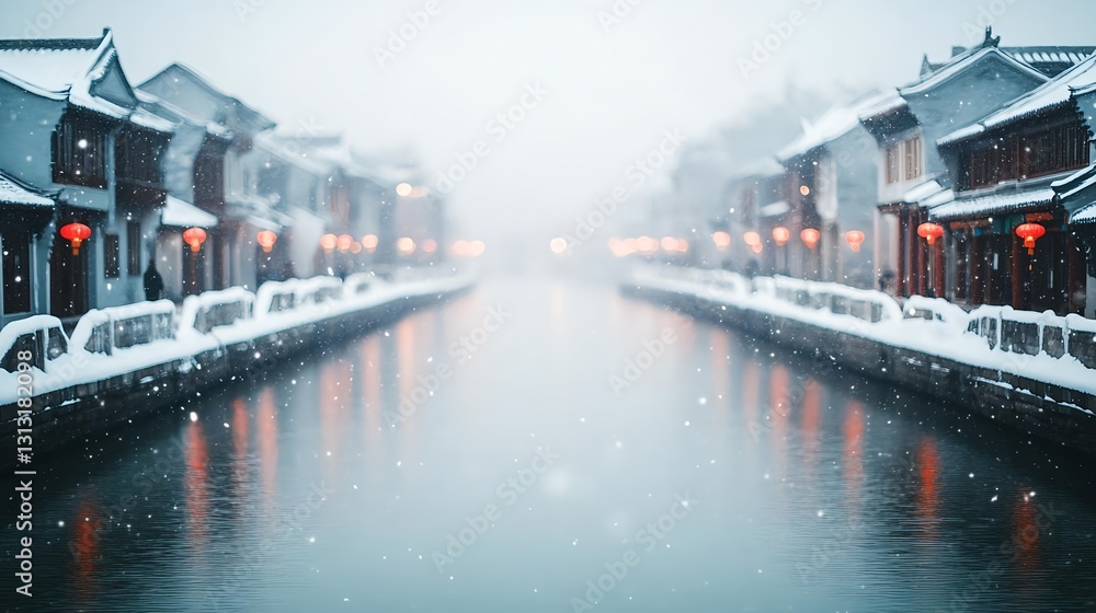 Obraz premium Snowy Canal, Chinese Town, Winter Scene - Atmospheric/Moody Photogr.
