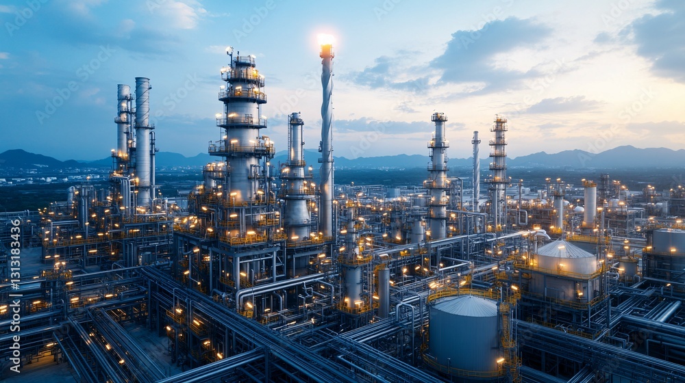 An aerial nighttime view of a large industrial complex An aerial nighttime view of a large industrial complex