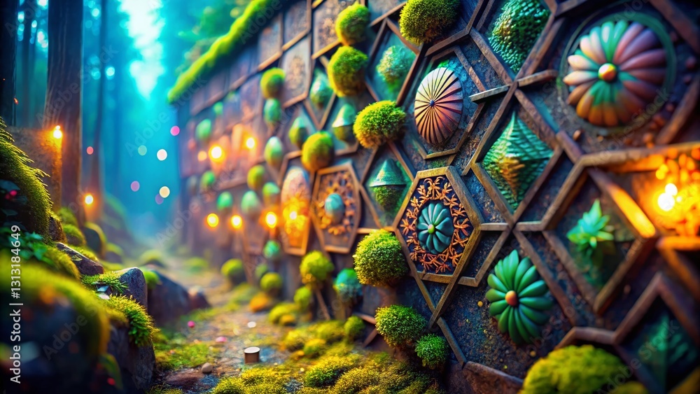 Fototapeta premium Anime Pattern Mossy Stone Wall Bokeh Background - Fantasy Art