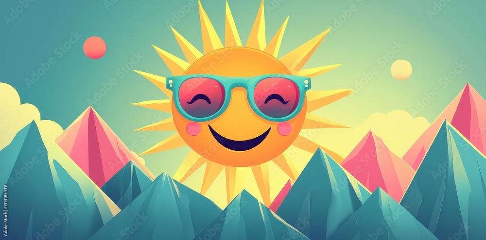 An animated smiling sun wearing sunglasses over colorful mountains An animated smiling sun wearing sunglasses over colorful mountains