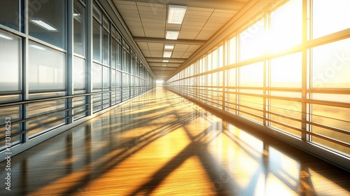Sunlit modern office corridor  sunset view  architectural design  business