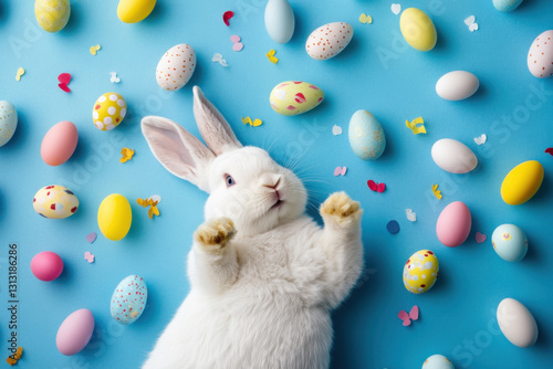 top view of easter smiling funny bunny laying on back with a lof of colourfull eggs, eggs flying down, s photo