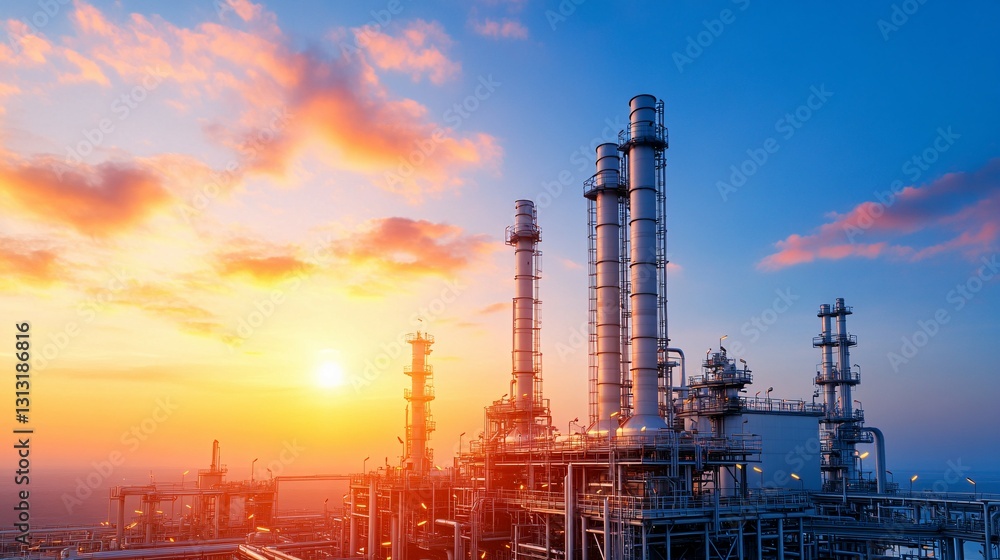 Industrial complex with tall smokestacks at sunset in the sky Industrial complex with tall smokestacks at sunset in the sky