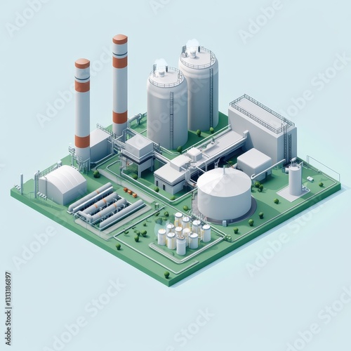 Large-scale biogas refinery in stylized isometric 3D, featuring digesters, compressors, and bio-waste storage, isolated on light blue