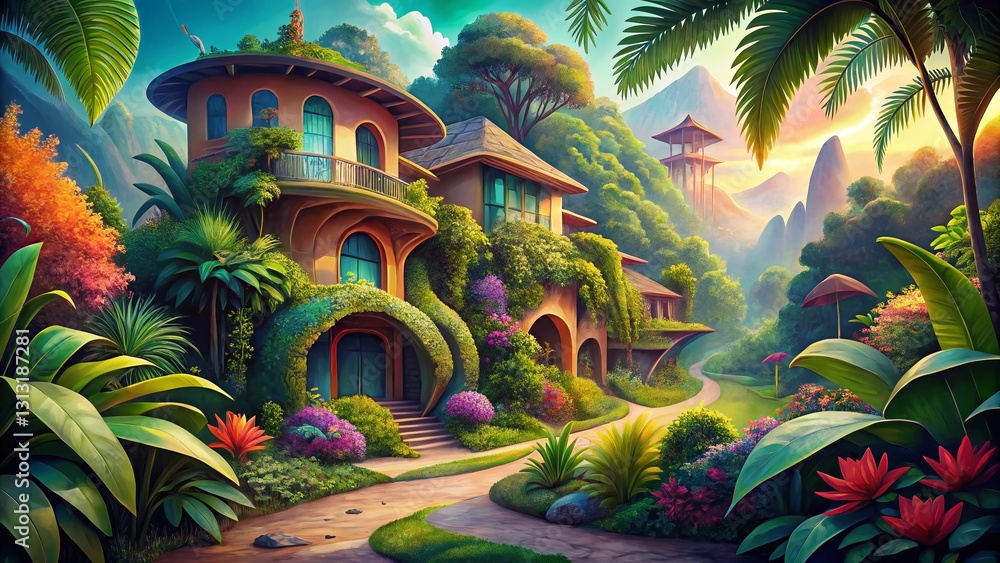 Obraz premium Artistic Organic Travel Background: Whimsical Architectural Illustrations