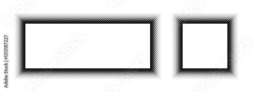 Black halftone rectangle and square frame set. Dotted gradient border collection. Pop art comic picture holder design for banner, copy space, emblem, poster. Vector rasterized framing element back