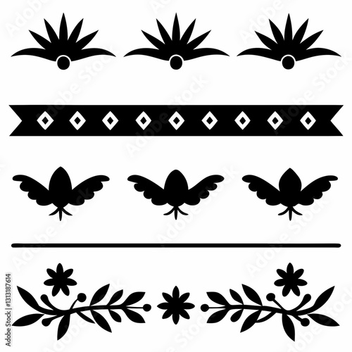 silhouette Mexican Decorative border collection vector illustration. floral elements