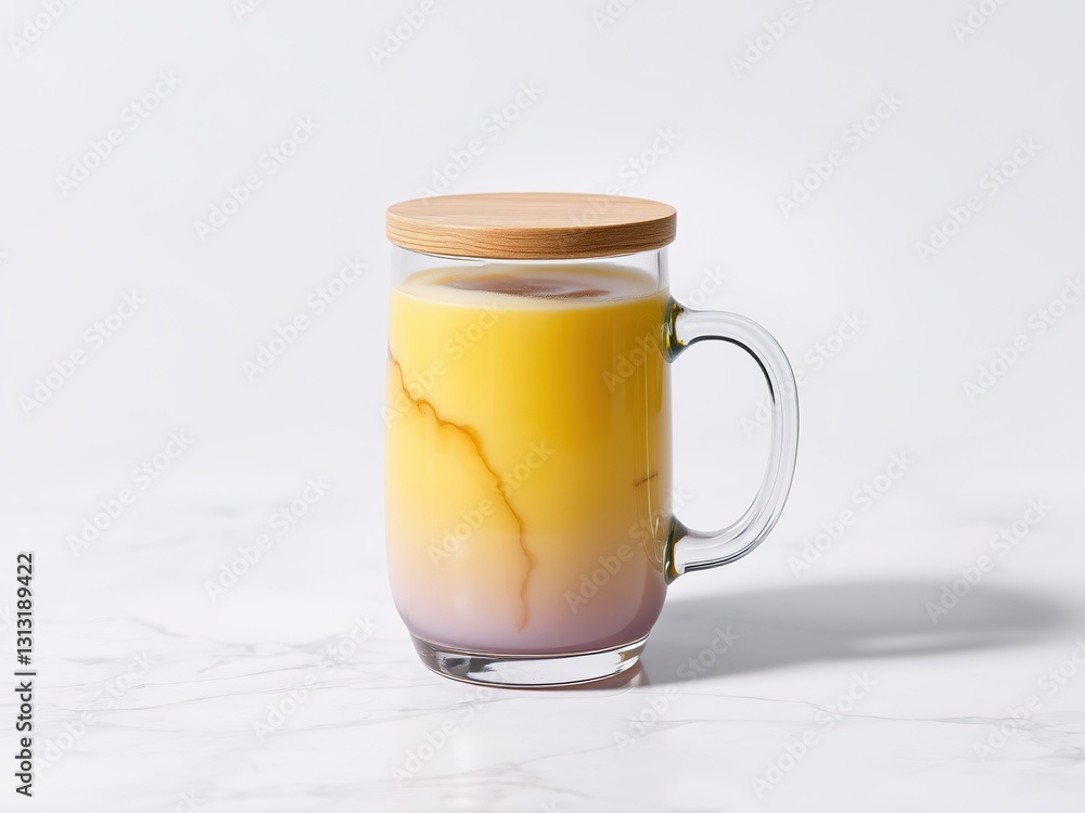 Stylish Canary Yellow Mug with Bamboo Lid on Marble, Angled Shadow Stylish Canary Yellow Mug with Bamboo Lid on Marble, Angled Shadow