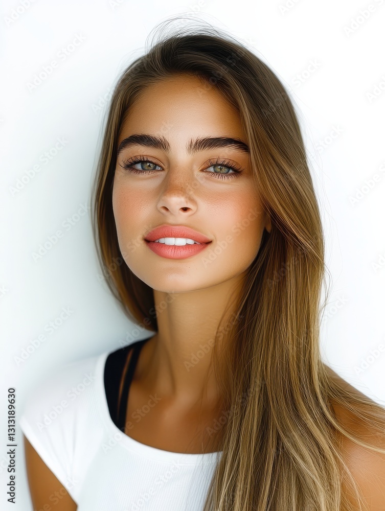 Fototapeta premium Close-up portrait of a young woman with blonde hair, green eyes, and natural makeup, wearing a white top with a minimalistic background