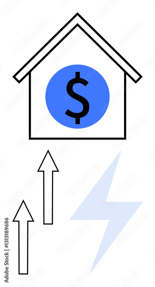 House shape with dollar sign, upward-pointing arrows, and lightning bolt symbolizing increasing residential energy expenses. Ideal for finance, energy, inflation, sustainability, growth, electricity House shape with dollar sign, upward-pointing arrows, and lightning bolt symbolizing increasing residential energy expenses. Ideal for finance, energy, inflation, sustainability, growth, electricity