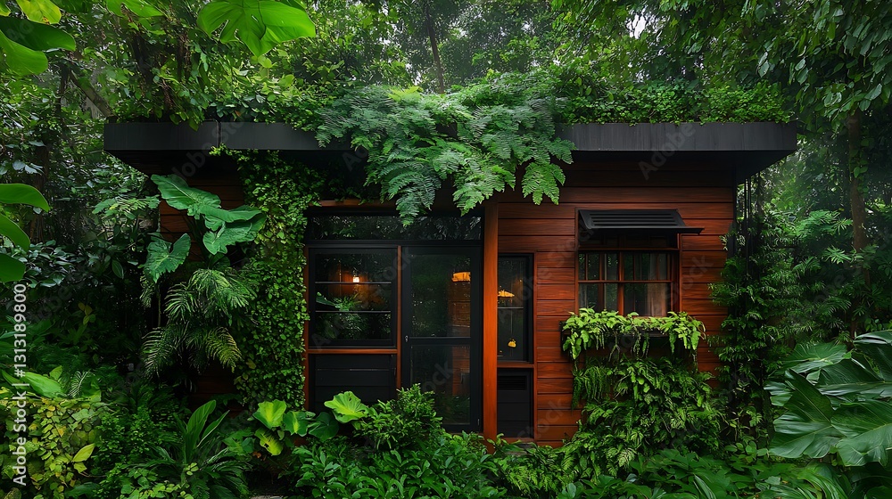 Lush Rainforest Retreat: Wooden Cabin Nestled in Tropical Foliage AI Generated Lush Rainforest Retreat: Wooden Cabin Nestled in Tropical Foliage AI Generated