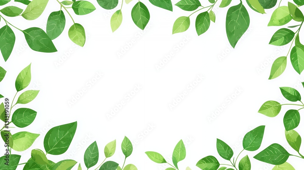 Green Watercolor Leaves Frame on White Background Green Watercolor Leaves Frame on White Background