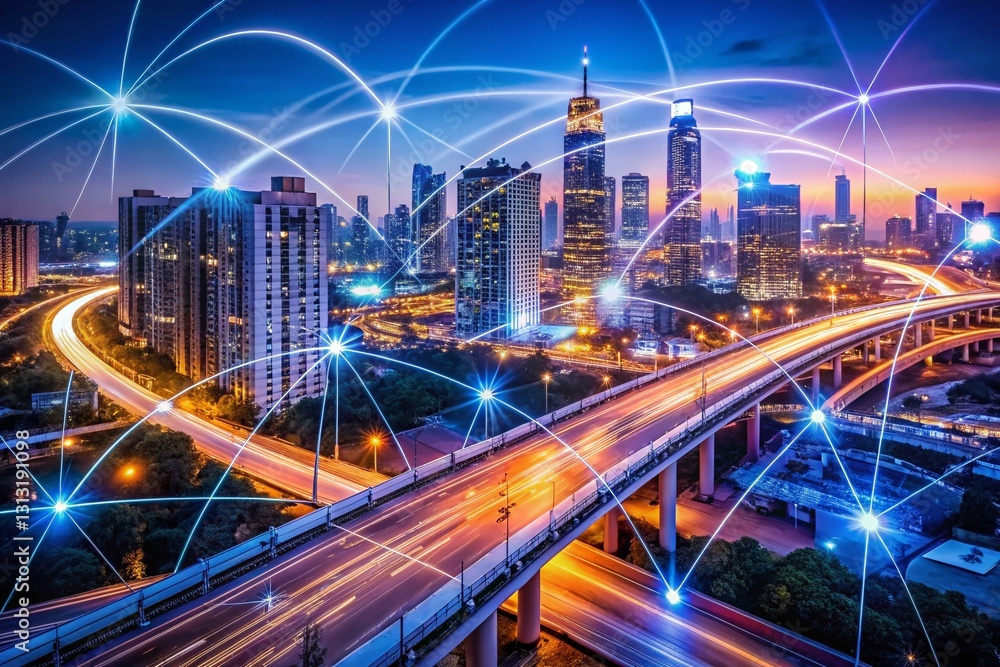 Fototapeta premium Blurred City Lights & Social Media Network Connections - Long Exposure Photography