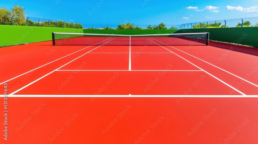 Fototapeta premium A well-maintained tennis court with clear lines, net, and surrounded by lush green grass under bright blue skies