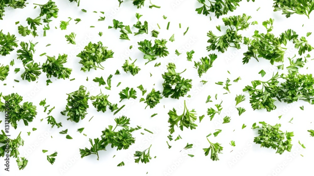 Fresh Green Parsley Leaves Spread on White Background for Cooking Fresh Green Parsley Leaves Spread on White Background for Cooking