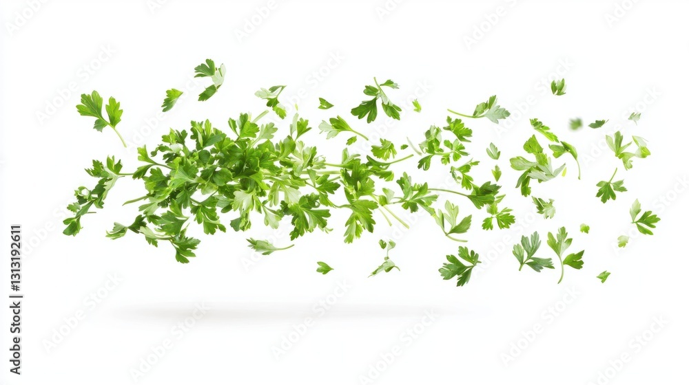 Fresh Green Parsley Leaves Floating on White Background Fresh Green Parsley Leaves Floating on White Background