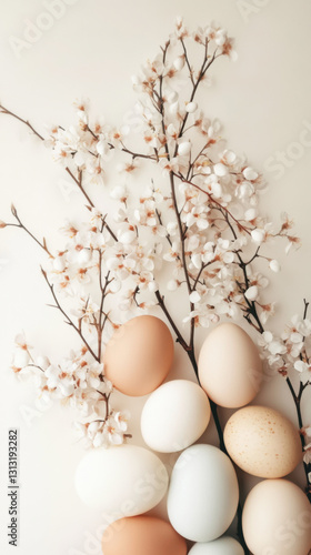 Watercolor illustration of Easter decorations, including delicate floral arrangements and painted eggs, 