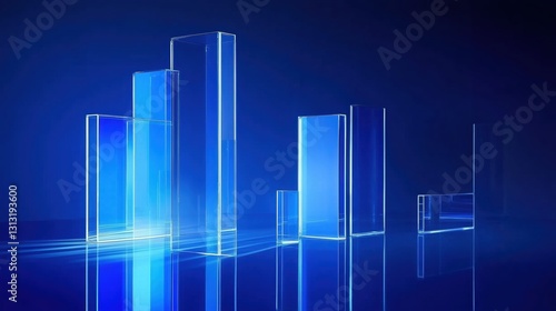 Modern Blue Glass Bar Graphs Rising Against a Dark Background with Reflective Light Effects