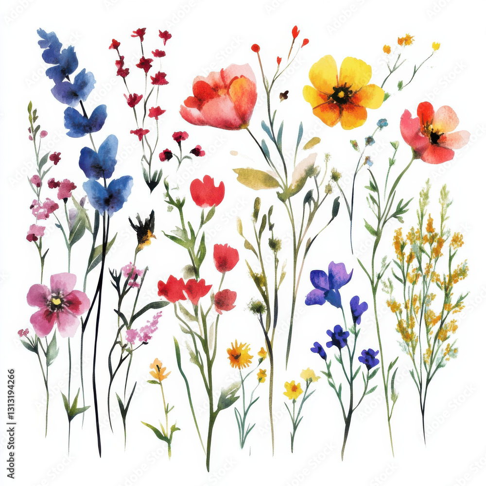 Fototapeta premium Watercolor, wildflowers, flat on white background, simple design, simple colors, watercolor clipart elements set, 