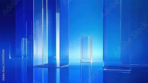 Modern Glass Structures Reflecting Light in a Blue Abstract Environment Evoking Serenity