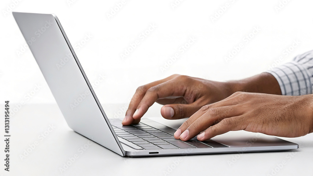 Freelancer typing on a sleek laptop, white background. Freelancer typing on a sleek laptop, white background.
