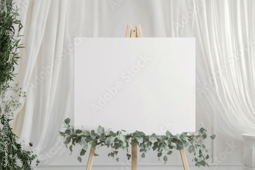 White blank rectangle wedding sign mockup on an easel, boho theme with eucalyptus garland at the bottom, neutral tones, simple minimalist 