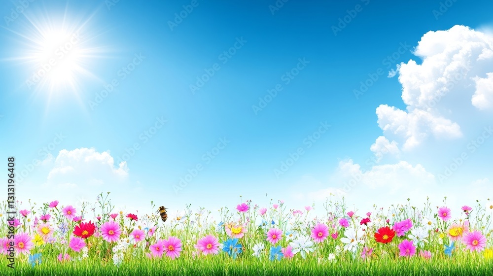 Fototapeta premium Sunny day with wildflowers blossoming in a vibrant green field