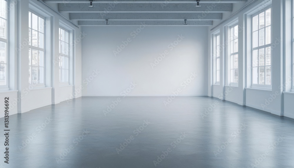 Fototapeta premium A spacious empty room with large windows and a polished floor, featuring a minimalist design and ample natural light.
