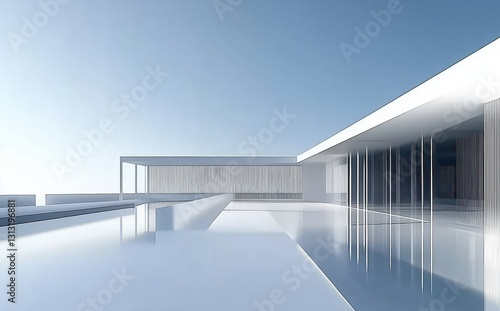 Contemporary Architectural Marvel Reflecting in Tranquil Water under Clear Blue Sky