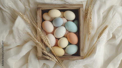 wooden crate filled with pastel eggs, dried wheat stalks, top view. 