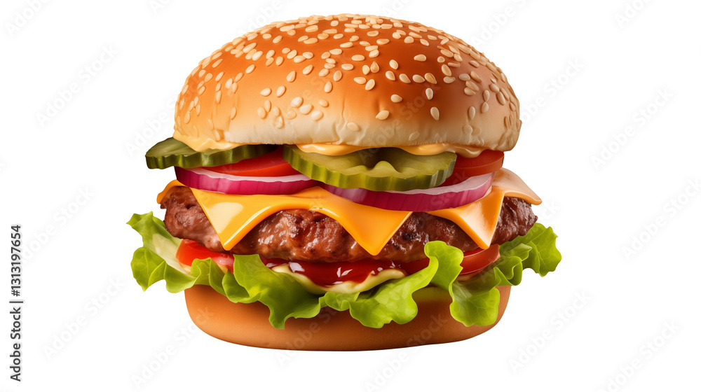 Juicy Cheeseburger with Sesame Bun Close up isolated on transparent background Juicy Cheeseburger with Sesame Bun Close up isolated on transparent background