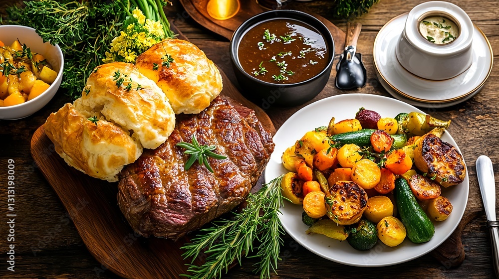 Roasted Beef Dinner with Roasted Vegetables - Rustic food photography Roasted Beef Dinner with Roasted Vegetables - Rustic food photography