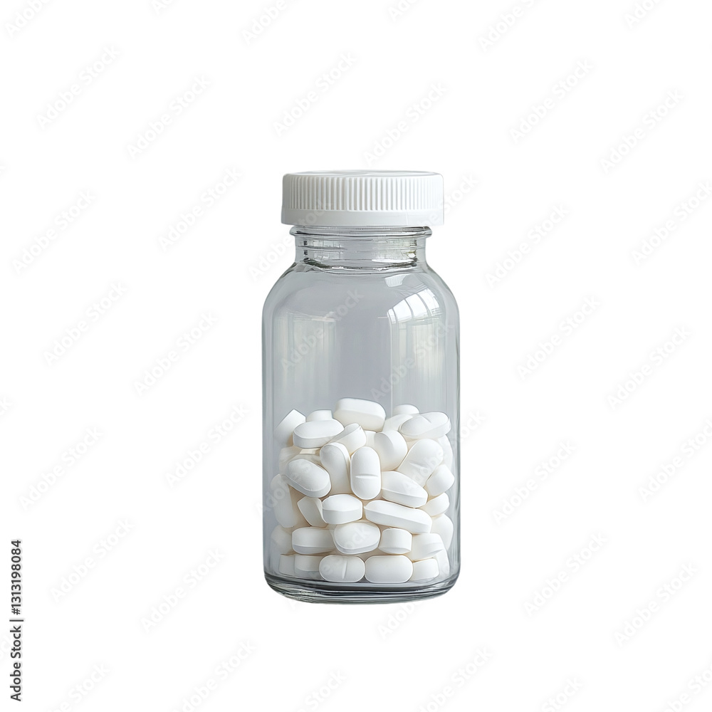 Isolated glass bottle with white tablet capsules, symbolizing health supplements and medication for wellness and healing. Isolated glass bottle with white tablet capsules, symbolizing health supplements and medication for wellness and healing.