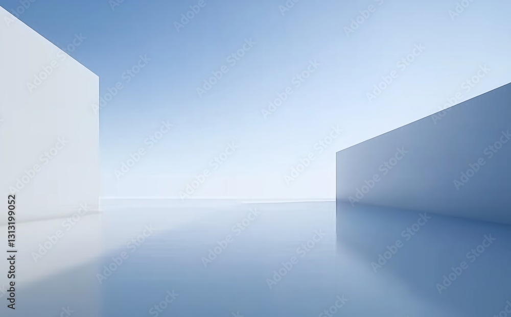 Fototapeta premium Minimalistic White Structures Reflecting Serene Blue Sky in Tranquil Setting