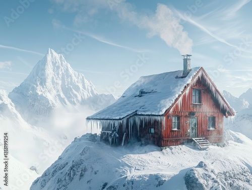 Snowy Mountain Cabin Retreat: A cozy red cabin, nestled among majestic mountains, offers warmth against the cold winter landscape.
