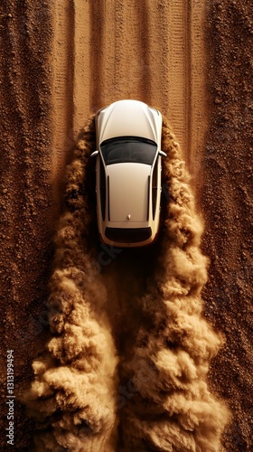White Vehicle Dust Cloud Trail Top View Road Scene in Arid Environment Surface Driving Expedition