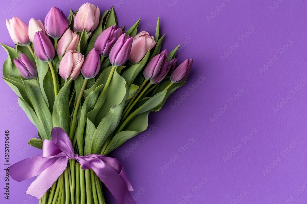Bouquet of Tulips on Purple: A beautiful bouquet of colorful tulips with a ribbon placed gracefully against a solid purple background, perfect for celebrating special occasions. Bouquet of Tulips on Purple: A beautiful bouquet of colorful tulips with a ribbon placed gracefully against a solid purple background, perfect for celebrating special occasions.