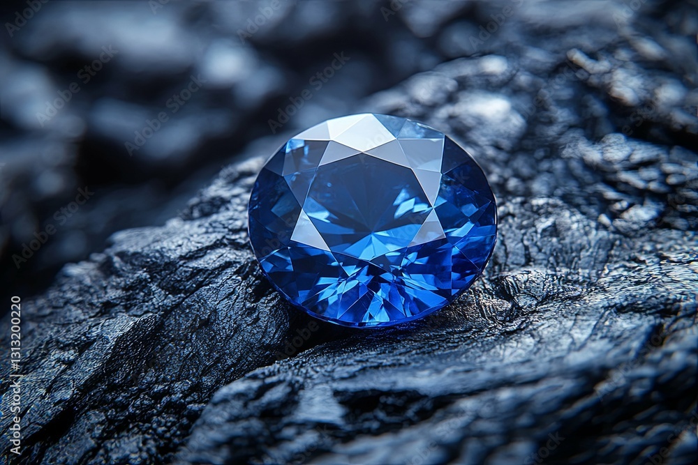 A brilliant blue gemstone rests atop a textured dark rock surface A brilliant blue gemstone rests atop a textured dark rock surface