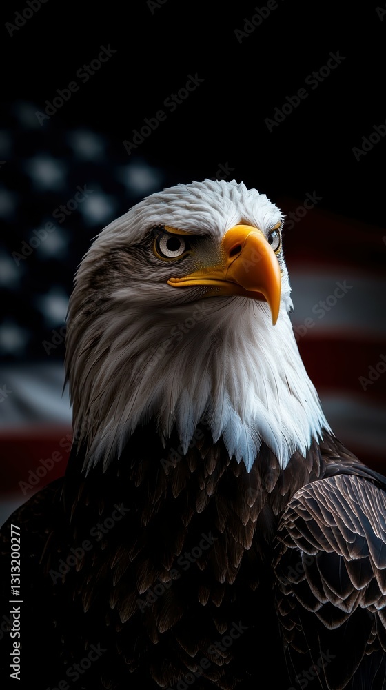 American Bald Eagle Portrait with Patriotism in the Background Showing Power and Freedom Symbolism American Bald Eagle Portrait with Patriotism in the Background Showing Power and Freedom Symbolism