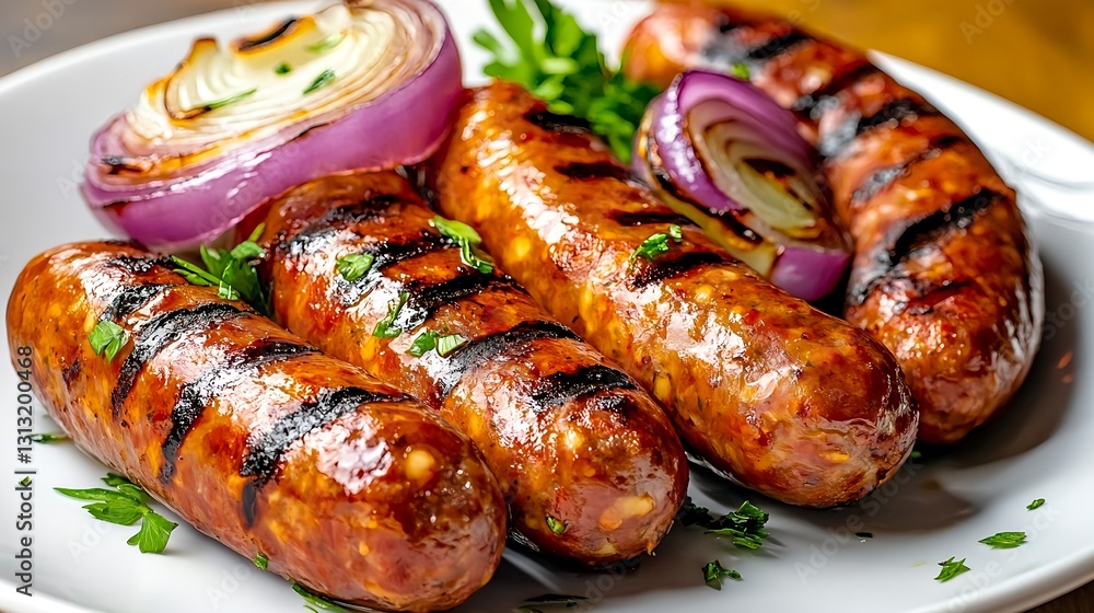 Grilled Sausages with Onions & Parsley - High-resolution food photo. Grilled Sausages with Onions & Parsley - High-resolution food photo.