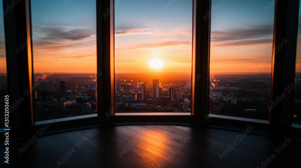 Cityscape Sunset View from a High Rise Building with Orange Sky and Reflection on Floor Cityscape Sunset View from a High Rise Building with Orange Sky and Reflection on Floor