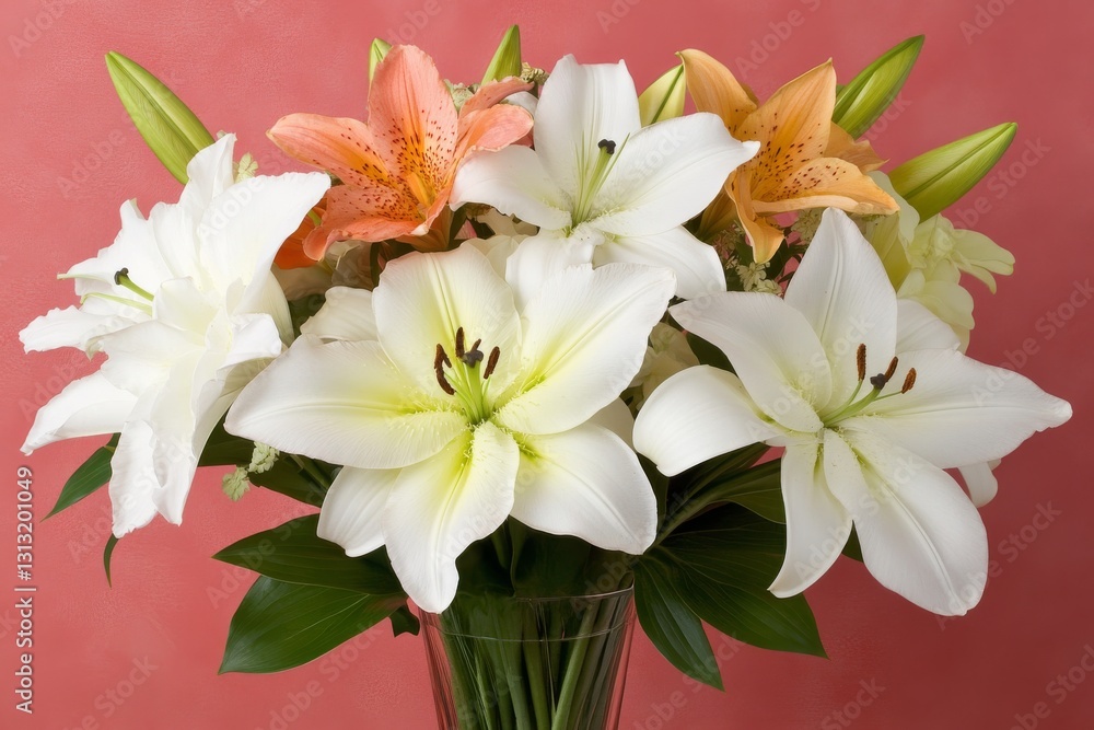 Fototapeta premium Elegant white and peach lily bouquet in a clear glass vase