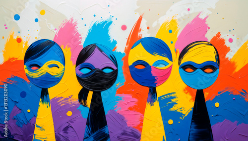Colorful Abstract Characters with Masks, Bold Brush Strokes, Playful Art