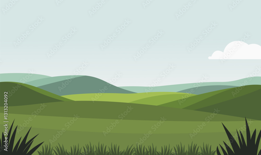 Obraz premium Peaceful Green Meadow Field Hills Nature Landscape with Grass in Summer