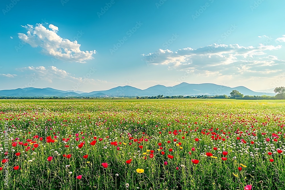 Vibrant Wildflower Field Under Sunny Sky With Distant Mountains Vibrant Wildflower Field Under Sunny Sky With Distant Mountains